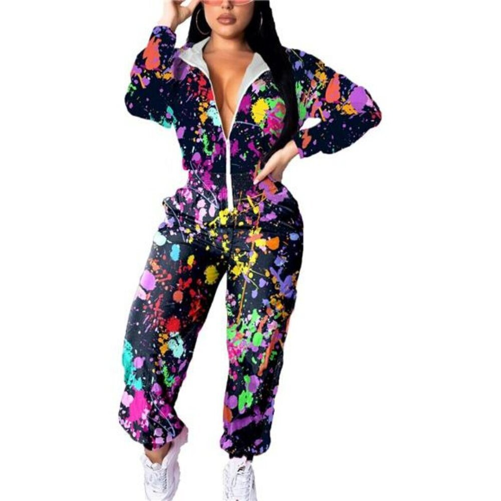 Womens Zip Hoodie Jumpsuit Color Block One Piece Tracksuit Windbreaker Set